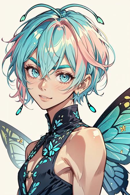 portrait, solo, upper body, looking at viewer, detailed background, detailed face, 1boy, fairy, round face, turquoise eyes, pixie cut, pastel pink hair, delicate eyebrows, petite body, gossamer dress, butterfly wings, mischievous expression, magical feel, <lora:CeltPunkAI:0.6>