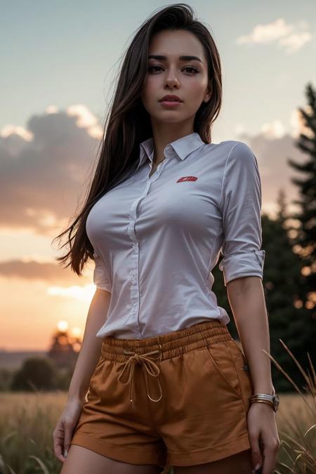 photo of S052_HelgaLovekaty_v2,a stunning woman,on an (oat-field:1.1),wearing a (shirt:1.1) and (shorts),(sunset),(4k, RAW photo, best quality, depth of field, ultra high res:1.1),(absurdres, intricate, photorealistic, masterpiece, ultra-detailed:1.1),