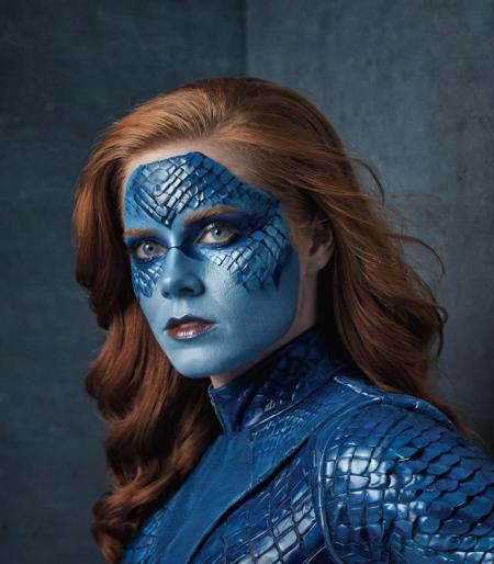 cinematic photo professional fashion portrait photography of a beautiful ((ahmx:1.2) woman)   As Mystique from X-Men, in her signature blue skin (reptile skin textured face with scales) and red hair, 
 <lora:AmyAdams XLDogu_amhx woman:1.2>