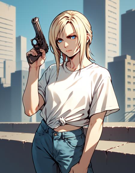 aya brea, blue eyes, blonde hair, white shirt, t-shirt, midriff, jeans