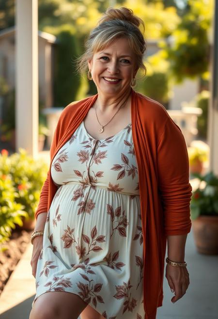masterpiece portrait of a relaxed mature woman::1.4, Norman Rockwell style::1.2, realistic impressionist art::1.1,
(physical description: full body shot, PLUMP build with soft curves PROTRUDING BELLY, fair skin with a gentle glow, casual posture:1.1)
(facial features, expression: serene and content expression, gentle lines around the eyes, MESSY BUN WITHwispy strands of hair framing the face:1.0)
(clothing details: breezy knee-length dress with light-colored base and darker botanical or floral pattern, paired with a rust-colored open-front cardigan:1.0)
(accessories:((BAREFOOT, THICK BRASS STRAP ANKLETS:09))(, simple stud earrings or no jewelry, understated natural styling:0.9)
(background setting: sunlit cottage garden path or cozy front porch with greenery and warm textures:0.9)
(lighting style: soft golden hour light, diffused natural sunlight with warm highlights:0.8)
(composition and camera framing: full body centered shot, eye-level angle, gently candid moment mid-step or adjusting cardigan:1.0)
(emotional tone or theme: relaxed domestic elegance, warm weather comfort, tranquil and familiar atmosphere:0.9)
(technical execution: soft painterly textures, focus on fabric movement and natural lighting interplay, lifelike color rendering:0.8) HER ANKLE IS CHAINED TO THE PORCH, 3D isometric render