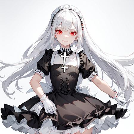 best quality, ultra detailed, 1girl, solo, standing, white hair, twin braids, red eyes,((black background)),maid headdress,maid apron, bangs, cross necklace,medium breastsr,white gloves,  stare, smile, (evil:1.2), looking at viewer, (interview:1.3),  <lora:maid_v10:0.7>