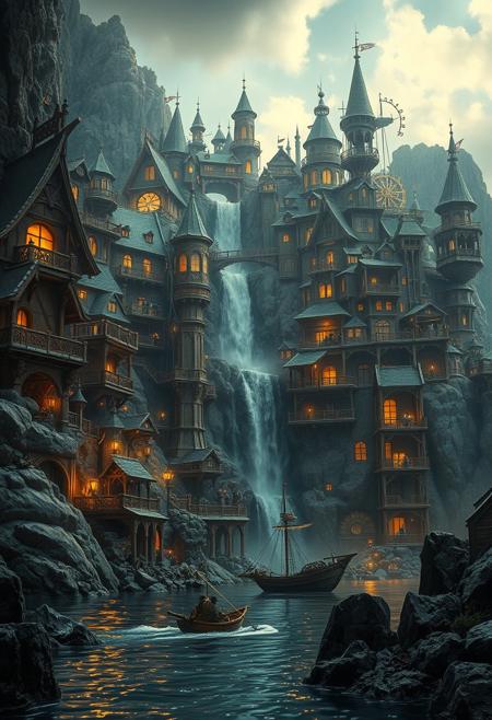 cinematic a sprawling, intricate city built into a rocky cliffside, illuminated by warm, glowing lights. The architecture is a blend of medieval and steampunk styles, with wooden structures, metal gears, and pipes. A waterfall cascades down the center, adding a dynamic element to the scene. In the foreground, a small boat with two figures navigates the water, surrounded by jagged rocks. The sky is overcast, with a hint of sunlight breaking through, casting a mystical ambiance. The overall color palette is a mix of earthy tones and cool blues, enhancing the fantastical atmosphere.