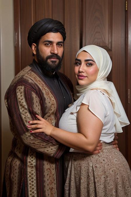 high quality, 2characters, 2peoples, straight couple, couple, Afghan, traditional clothes, happiness, brown eyes, 1male, DILF, rough looking, manly face, strong facial features, full beard, thick hair, hairy chest, hairy body, 1female, huge tits, big boobs, curvy body, big Cleavage, wide hips, thick hips, hijab
