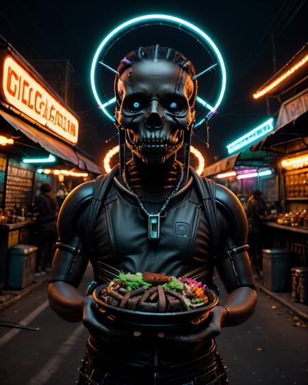 solo, teeth, glowing, black_background, science_fiction, skull, cable, tube , Tech-enhanced street food vendor, their food cart brimming with dishes infused with bioengineered flavors, a taste of the future. , <lora:CP_SD15:0.75>