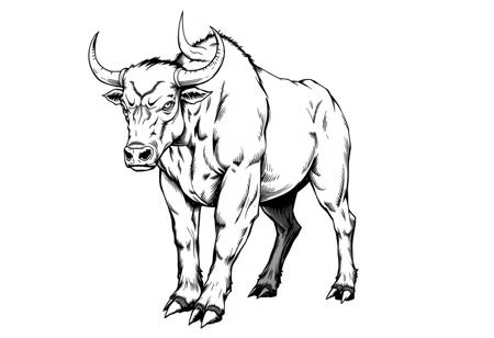 fantasy, ink art, comic style art, bull is standing with four feet, front ape's feet has 3 claws, muscular , looking at viewer, half side view