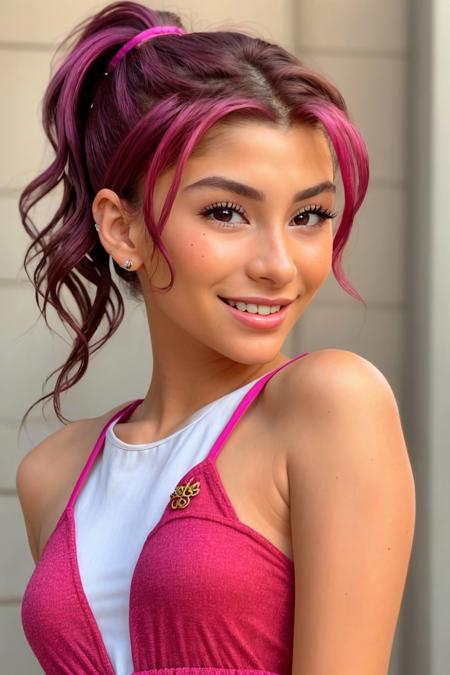 <lora:AdrianaCallori_v1:.9> AdrianaCallori, focus on eyes, close up on face, smiling, wearing jewelry, dark magenta color hair styled curled ponytail