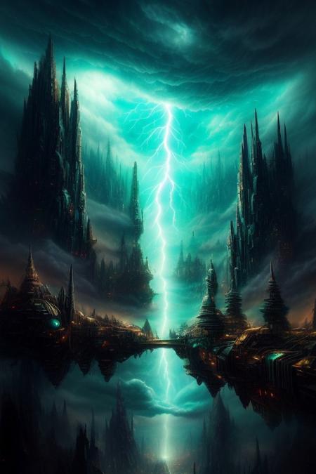 Futuristic city in clouds, floating city, stormy, lightning, endtimes, dark, masterpiece, extremely detailed, hyperdetailed, fantasy, futurustic, psychadelic, trippy, epic, biblical scale, FanLan, Topnotch Artstyle