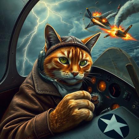 A hyper-detailed cockpit view of an anthropomorphic tabby cat piloting a P-51 Mustang in a fierce WWII aerial battle above a stormy ocean. The cat focuses intensely, gripping the controls, as enemy planes trail smoke and tracers streak past. Lightning flashes illuminate the chaotic sky, casting dramatic shadows across the cockpit.
Cat Pilot: The orange tabby wears a brown leather flight jacket with a shearling collar, white silk scarf knotted at the neck, and a snug leather cap with ear holes, adorned with a faded squadron patch—a claw clutching a lightning bolt. Aviator goggles reflect the glowing dials, their lenses scratched from prior missions. A small oxygen mask fits its muzzle, and a headset with a tiny microphone rests over its ears. Its gloved paws—one on the throttle, one on the stick—show dexterity, with claws slightly extended in tension. Whiskers twitch, and its green eyes narrow with determination.
Cockpit and Plane: The P-51 cockpit has worn metal, a scratched canopy with faint bullet marks, and glowing amber gauges. The stick is paw-friendly, wrapped in worn leather. Wings bear U.S. Army Air Forces insignia: a white star in a blue circle, faded from battle. Outside, smoke trails and bullet casings litter the sky, with a spiraling enemy plane engulfed in flames.
 Lightning highlights the cat’s fur texture and the gleam of its goggles. Rain streaks the canopy, and the plane shakes mid-maneuver. Colors are brown, green, silver, with fiery orange explosions.
