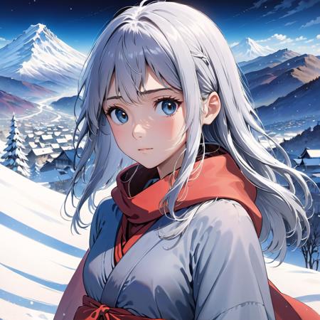 (((masterpiece))), (((best quality))), ((ultra-detailed)), (cinematic lighting), (illustration), (beautiful detailed eyes), (1woman), upper body, looking at viewer, depth of field, ghibli, hayao miyazaki, (robes:1.1), silver hair, (silver eyes:1.2), mountains, snow, (eye focus:1.3), small breasts, (long hair:1.1), <lora:AnyLoraCleanLinearMix:1>