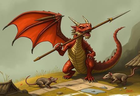 dragon holds a spear and chases a rat