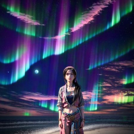 a woman standing in front of a mountain under a purple sky with a aurora light in the background and a purple sky with stars, (1girl:0.999), (aurora:0.991), (beach:0.740), (brown eyes:0.738), (brown hair:0.898), (city lights:0.953), (cloud:0.998), (cloudy sky:0.838), (earth \(planet\):0.859), (fireworks:0.524), (full moon:0.555), (galaxy:0.821), (hairband:0.538), (horizon:0.935), (jewelry:0.965), (lake:0.646), (lips:0.649), (long hair:0.811), (milky way:0.970), (moon:0.938), (moonlight:0.550), (mountain:0.899), (necklace:0.958), (night:1.000), (night sky:1.000), (ocean:0.942), (outdoors:0.532), (planet:0.868), (scenery:0.765), (shooting star:0.998), (sky:1.000), (snow:0.641), (solo:0.950), (space:0.996), (star \(sky\):1.000), (starry sky:1.000), (starry sky print:0.631), (sunrise:0.646), (twilight:0.704), (water:0.839)