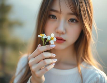 A portrait of 24-year-old japanese cute influencer. her presence exudes polished, high-fashion vibrancy, her long, meticulously styled hair and perfectly manicured nails. The composition is a close-up, slightly Dutch angle, focusing on her hand holding the flower and her contemplative expression, with the background gently blurred to suggest the natural beauty of the surrounding mountain landscape. The artistic style leans towards magical realism, with a soft, ethereal glow surrounding her, and a slightly exaggerated luminosity to the wildflower, symbolizing her blossoming connection with nature. The colors are predominantly warm and natural, contrasting with hints of cooler, faded tones from her previous digital persona. The emotion conveyed is one of fragile beauty, quiet discovery, and the blossoming of an unexpected inner peace.