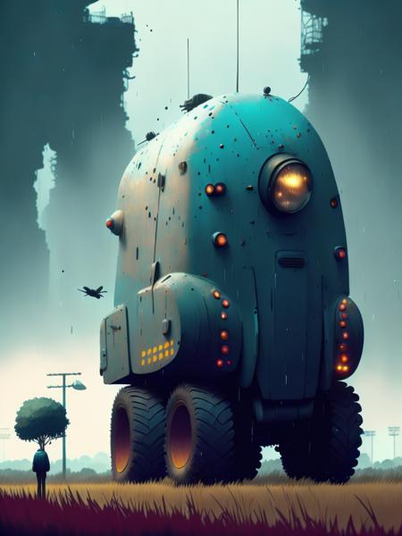 <lora:AlexAndreev:1>vehicles, fields, rain,dark blue,The Electric State by Simon Stalenhag