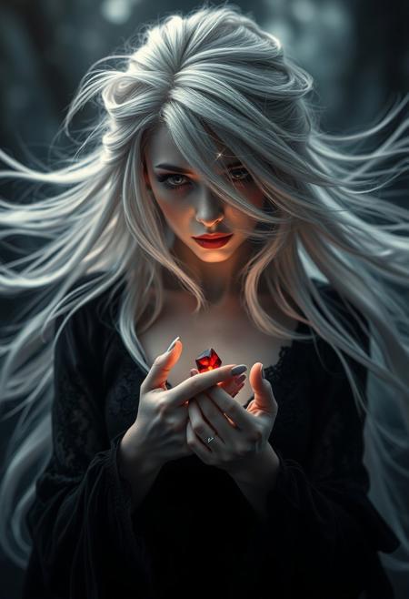 Shadowed-queen, dark-mystic woman with flowing white-gray hair, fantasy-adventure, cradling a small radiant ruby, vivid realism with intricate details, pastel shades, dramatic lighting, ultra-realistic, photogenic, wide-angle shot, sharp focus on subject, motion-blurred backdrop, subtle sparkle in asymmetrical hairstyle