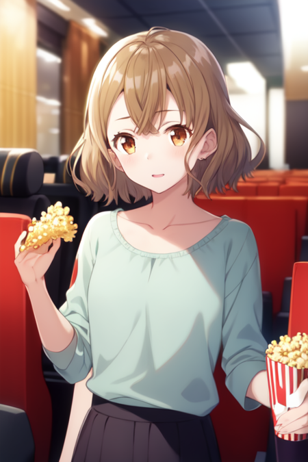 mishimayuzuha, 1girl, solo, movie theater, popcorn