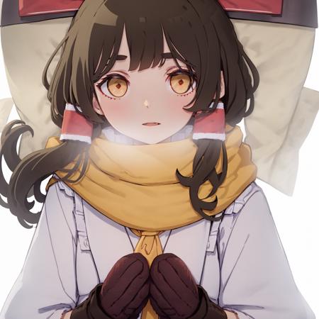 km, 1girl, ascot, blush, bow, brown eyes, brown hair, hair bow, hair tubes, japanese clothes, long hair, mittens, nontraditional miko, one-hour drawing challenge, open mouth, portrait, red bow, red mittens, scarf, sidelocks, simple background, solo, white background, yellow ascot, yellow scarf