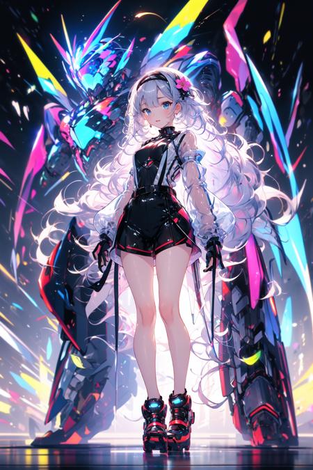 (masterpiece:1.2), best quality,PIXIV,Colorful portraits, 
1girl, long hair, robot, very long hair, blue eyes, hair ornament, flower, hair flower, mecha, looking at viewer, white hair, see-through, standing, shirt, skirt, long sleeves, shorts, hairband, gloves, white shirt, solo, black shorts, full body, purple flower, glowing, see-through sleeves, black skirt
<lora:Colorful portraits_20230715165729-000018:1>