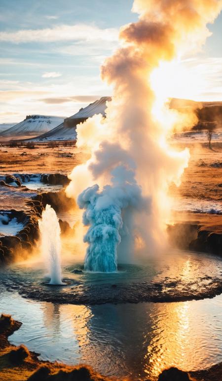 photo by Melissa Stemmer, Eruption of Strokkur geyser in Iceland. Winter cold colors, sun lighting through the steam, breathtaking photograph, <lora:melissa-stemmer-1.0:1>, cinematic look, minimalistic, blurred background, warm atmosphere, daylight, professional color grading, simple look, unedited photography, natural, unassuming, simple style, award-winning, stunning, glistering light, golden hour, kodak kodachrome, vintage look, vibrant colors, Retro filter, vintage style, Instagram toning effect, <lora:add-detail-xl:2>