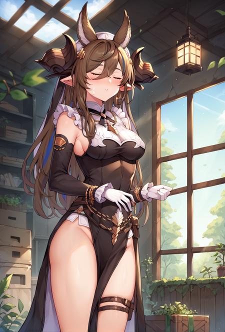 galleondef, horns, closed eyes, dress, white gloves, frills, detached sleeves, frilled sleeves, thighhighs, thigh strap, pelvic curtain galleonlco, horns, blindfold, black dress, cleavage, cleavage cutout, thigh strap