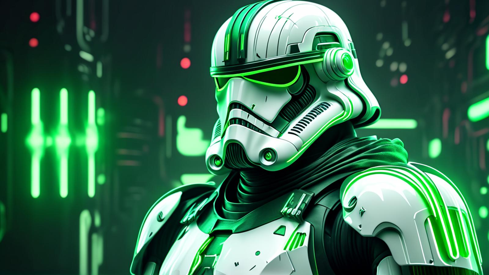 full body shot of a stormtrooper, wearing white and green neon helmet, looking at viewer, green glowing eyes, wearing armo...