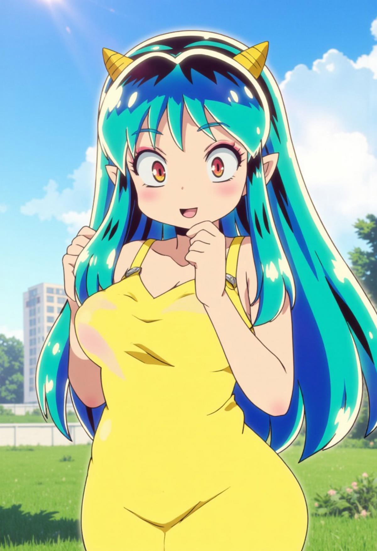 zankuro, 
lum, long hair, bangs, blue hair, orange eyes, horns, pointy ears, aqua hair, oni horns, eyeshadow,
 (medium breasts:0.7), smile, blush, long hair, looking at viewer,  solo, cowboy shot, standing, yellow dress,