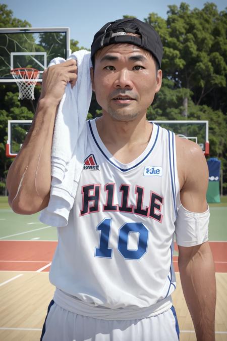 zage.40 year a old,stubble,((Asian)),exhausted expression ,Basketball fan. Draped in a towel. Outdoor park basketball court. Sweating profusely. Drinking water. Sporty attire. Sun high in the sky. Basketball hoop in the background. Park scenery. Intense game aftermath. Thirst quenching moment,(towel), (masterpiece:1. 0), (best quality:1. 4), (ultra highres:1. 2), (intricate details:1.3), (soft focus:1. 4), (sharp focus:1. 4),Raw photo,1man,