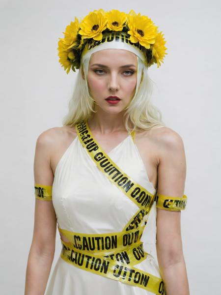 fashion photo of  a woman wearing a white dress and a flower headpiece covered of tape, caution tape, keep out <lora:Tape_people:0.75>