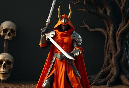 Cinematic fantasy scene.  Mystical Knight of Jackal costume, vibrant orange with red cross emblem, wielding a gleaming white sword. Dynamic pose, creative angle. Stands against a dark wall with an ancient skull (left) and gnarled tree (right). Impeccable composition, golden ratio. Hyperrealistic details on armor, intricate textures, sharp focus, precision rendering. Dramatic lighting creating deep contrast, vibrant colors, harmonious palette. Trending on Artstation, CGSociety. Octane render, Unreal Engine 5, 4K.