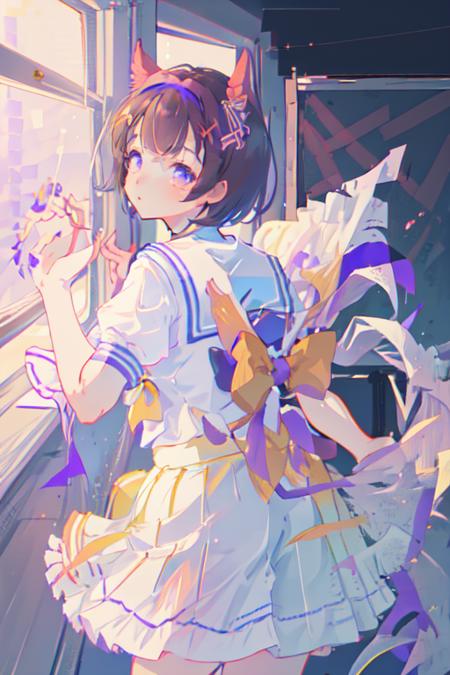 masterpiece, best quality,
nishino flower \(umamusume\),
(indoor, classroom,:1.2), looking at viewer,
tracen school uniform, summer uniform, sailor collar, sailor shirt, white shirt, purple bowtie, puffy short sleeves, puffy sleeves, frilled skirt, pleated skirt, white skirt, white thighhighs
<lora:nishino_flower_locon_0.99:0.8>