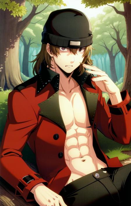 <lora:ShinjiroAragakiPersona1:1> soft lighting, best quality, outdoors, forest, dappled light, laying against tree, open red trenchcoat, shirtless, (abs:0.9), black pants, shinjiro aragaki [persona], male focus, beanie over eyes, solo, embarrassed expression