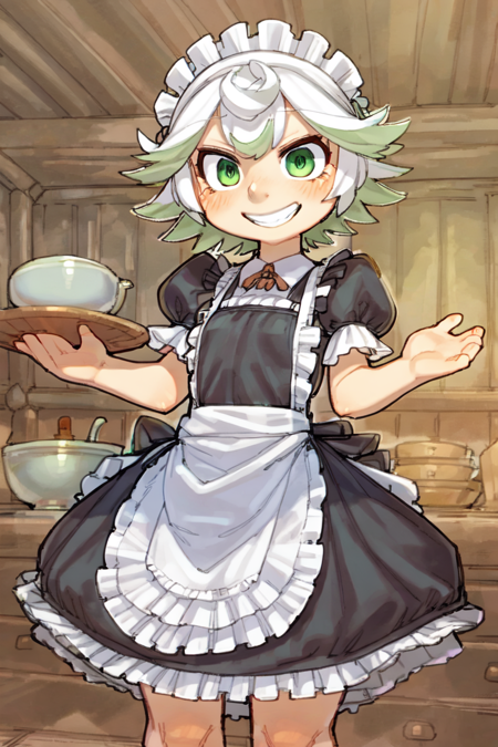 (by kame 3:0.7), (by hideki kaneda, by dimwitdog:0.4), indoors, cabin, standing
prushka \(made in abyss\), human female, white hair, green eyes, small breasts, black dress, apron, maid outfit, maid headdress, looking at viewer, grin
<lora:char-prushka-fr:1>