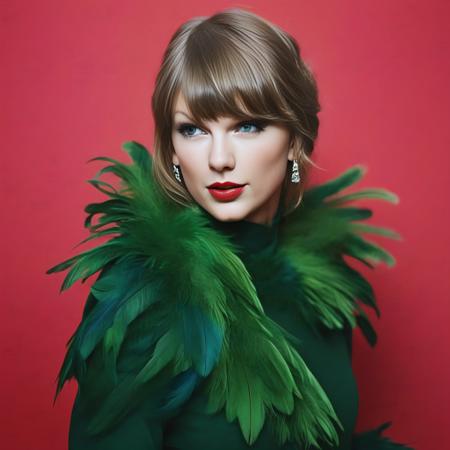 TaylorSwift, (art by David Alfaro Siqueiros:1.1) , photograph, award winning, Dumb burly (Female:1.2) , Chef, wearing Sublime [Fur:Feathers:10] deep red Dandong, Dancing, Boorish Phone Case, Pressured Sharingan Eyes, decal art, film grain, Fuji superia 400, 800mm lens, Psychedelic and Green neon hue, "I will always love you.",  <lora:TaylorSwiftSDXL:1>