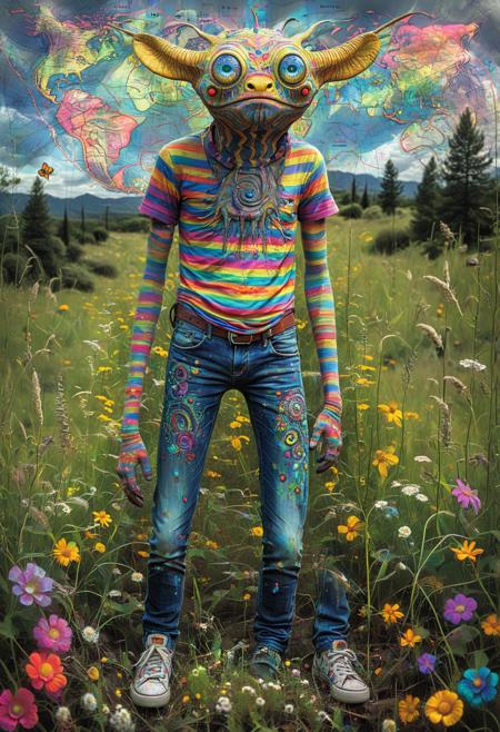 PsychadelicChaos, absurdres, high resolution, detailed, photograph, A vibrant and colorful creature with a psychedelic face stands in the middle of an meadow, psychadeliced in a striped shirt, jeans, and sneakers. His eyes are closed as he gazes intently at a map of his favorite animal kingdom. Sci-Fi, Grungepunk, dramatic lighting, Nikon d3300, F/8, Grayscale, stylized by Gail Simone, Adrian Smith and Yumihiko Amano, <lora:Upgraders\Detail Tweaker XL:1.0>, <lora:Challenge\aidmaPsychadelicChaosWorldMorphXL-V0.1:1.0>
