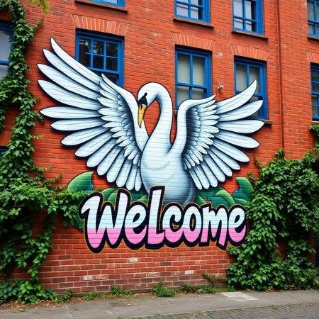 Brick wall in an overgrown urban environment, 
mural, majestic swan, brick building, outstretched wings, soft gradients, intricate feather details, red brick facade, blue window borders, cohesive design, nature-inspired, graceful motion, public art, urban setting, welcoming emblem, artistic elegance
graffiti, mural, hyper-realistic, vibrant colors, bold letterforms, 3D design, urban art, intricate details, vivid gradients, sharp highlights, contrasting shadows, abstract influences, electric palette, sculptural effect