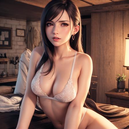 tifa, final fantasy 7 remake, (mature female), milf, shade of brown hair, a lot of sweat, masterpiece, ultra realistic 8k cg, very long hair, beautiful , puffy nipples, reddish brown eyes,  (hard lights, hard shadow, key light, key lights), huge breasts, left only earpiece, stick earpiece, red earpiece, {one earpiece}, left earpiece, detailed bra, white bra, very detailed bra, small bra, shiny skin,  lace, lace trim, lace-trimmed legwear, delicate pattern, intricate detail, (rich:1.2), slime girl, cross leg,  full body, beautiful face, pure face,  seductive posture, sexy pose, spread legs, leg up, arms at sides, alluring, clean, beautiful face, pure face, pale skin, long hair, (medium breasts, beautiful breasts, juicy pussy, nsfw, breasts out, pussy out, puffy nipples), shiny skin, skindentation, lace, lace trim, (hanfugirl:0.8), slim girl, full body, open leg, sitting on bed, 
 <lora:last:0.37>