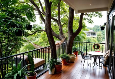 "An inviting outdoor space showcasing a spacious balcony overlooking a lush landscape. The balcony, adorned with elegant railings, features a cozy seating area with weather-resistant furniture, perfect for enjoying morning coffee or evening gatherings. Lush green trees surround the area, providing a natural canopy that offers both shade and a sense of tranquility.
Potted plants and hanging planters add splashes of color and life, enhancing the tropical atmosphere. A comfortable hammock is suspended between two sturdy trees, inviting relaxation and lazy afternoons spent reading or napping in the gentle breeze.
The outdoor flooring, crafted from natural wood or stone, harmonizes with the surrounding environment, while decorative outdoor lights create a warm ambiance for evening use. A small outdoor dining area, with a table and chairs, is perfect for al fresco meals, providing an intimate setting amidst nature.
The space is designed to seamlessly blend indoor and outdoor living, allowing for an open flow that encourages appreciation of the lush surroundings, making it an ideal retreat for relaxation and socializing."