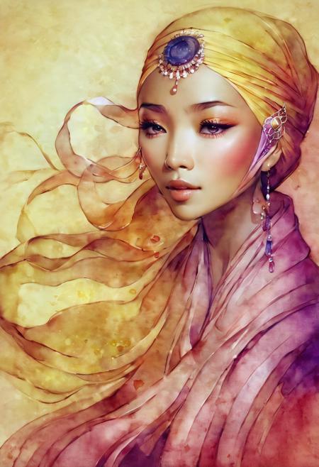 (Yuna \(FF10\)) mature, volumetric lighting, watercolor painting by Anna Dittmann, ethereal, best quality, masterpiece