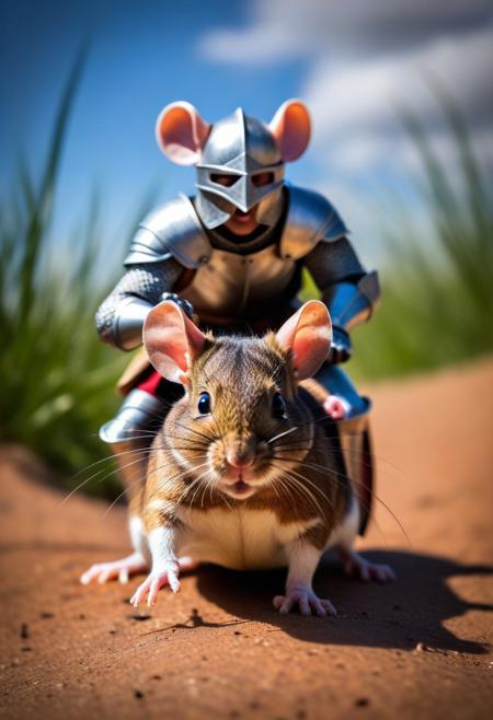 a tiny errant knight riding a mouse to battle, epic photo, action photography, comical and funny, colorful scene,