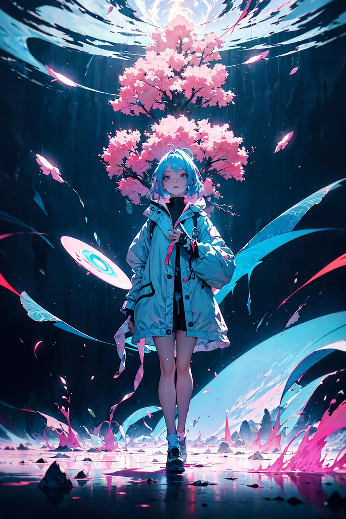 Anime-Inspired Artwork Featuring a Teenage Girl with Pink Hair and a Tree on Her Head