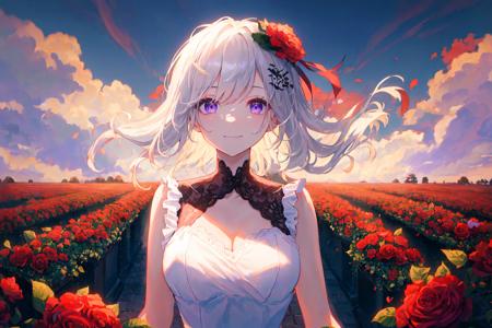 1girl, masterpiece, best quality, hyper detailed, Cinematic light, intricate_detail, highres, official art, finely detailed beautiful face, high resolution illustration, 8k, dark intense shadows, overexposure,medium white hair, messy hair, purple eyes, light smile, light glowing eyes, white dress, limited palette, black flower hair ornament, holding black rose, upper body, large breasts, detailed cloud, dark sky, gradient sky, red flower field, (eyes in shadow), depth of field, (graveyard), wide shot