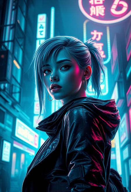 A portrait of a cyberpunk character in a neon-lit urban environment . The scene is detailed and realistic, emphasizing the futuristic, cyberpunk  aesthetic. The setting is immersive, with intricate details like holographic displays