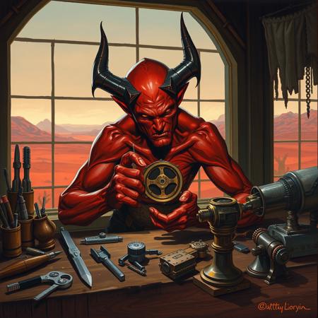 a red skinned demon, a look of intense concentration on his face, sits at his workbench as he makes a fine adjustment to the delicate mechanism in his hands. To one side of his bench his precision tools are neatly sorted and on the other several mysterious mechanical  devices are set out, in the background a large window looks out over a barren red desert and low hills