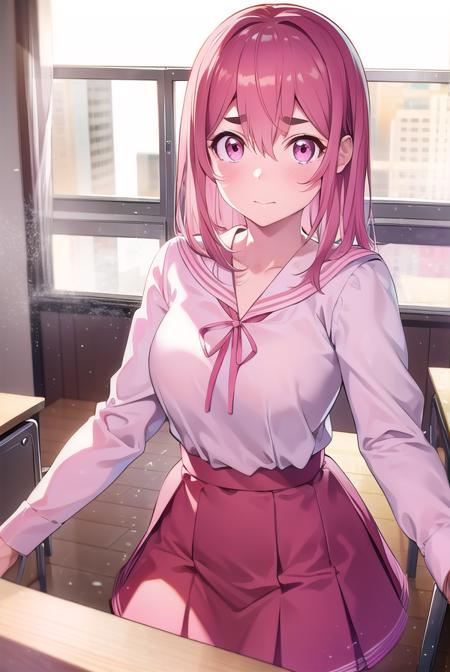 sumisakurasawa, <lora:sumisakurasawa-lora-nochekaiser:1>,
sumi sakurasawa, bangs, (pink eyes:1.5), hair between eyes, pink hair, braid, hair bow, thick eyebrows,
BREAK skirt, shirt, long sleeves, bow, ribbon, school uniform, white shirt, serafuku, sailor collar, red ribbon, neck ribbon, red skirt, white sailor collar,
BREAK looking at viewer,
BREAK indoors, classroom,
BREAK <lyco:GoodHands-beta2:1>, (masterpiece:1.2), best quality, high resolution, unity 8k wallpaper, (illustration:0.8), (beautiful detailed eyes:1.6), extremely detailed face, perfect lighting, extremely detailed CG, (perfect hands, perfect anatomy),