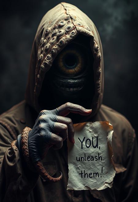 picture of hooded unrecognizable person under the hood there is huge eye filled with many smaller eyes, the clothing are dirty and detailed, the hand is a tentacle, retro filter, he shows you the old slightly burnt note it says: "YOU, unleash them" creepy atmosphere, horror art. dramatic lighting, HDR, masterpiece,
