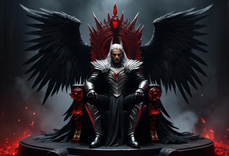 A dark fantasy digital artwork depicts a male figure seated on a 
dark throne with intricate metallic designs resembling dragon scales. The central character has long 
gray hair cascading dramatically around him. he wears metal armor and intricate metal designs, 
dark feathered wings spread symmetrically behind him, 
decorated with bright red crystals and metallic elements. Each wing is composed of countless black feathers. 
The man's head is crowned with a radiant halo of intense red crystals, 
Its body is decorated with human skulls. A wolf sitting next to him.  The throne itself features two large skulls positioned on its armrests,
each held by one of the character's hands. The background is swirling clouds and embers, 
enhancing the eerie atmosphere. Around the throne are many scattered human skulls, drowned in darkness, 
rocky terrain, 
adding to the sinister ambiance. The scene takes place in a foggy context, 
smoky backdrop, 
contributing to the mystical yet strange feeling. Dramatic lighting highlights the central figure while casting deep shadows. highly saturated visual effect that emphasizes surreal and gothic aesthetics.