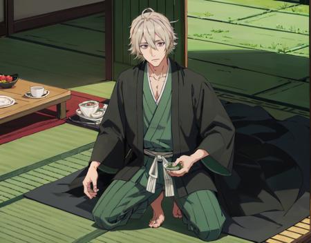 (grey eyes:1.4), urahara kisuke, green hat, striped, green hakama, (masterpiece, best quality), handsome, table, kneeling, tatami, 1boy, solo, blonde hair, <lora:kisuke-v11:0.4>