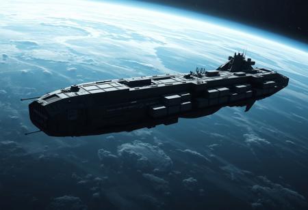 Giant starship floating through space. 1 kilometer long. Comprised of hundreds of uniform cargo containers. A hanger is built into the front half of the ship.  The ship is black and grey with a very austere and angular shape.