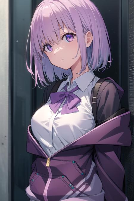 akaneshinjou, <lora:akaneshinjou:1>, shinjou akane, light purple hair, (pink eyes:1.2), short hair,
BREAK black pantyhose, bow, collared shirt, hood, hooded jacket, jacket, open clothes, open jacket, open shirt, pantyhose, purple bow, purple jacket, school uniform, shirt, sleeves past wrists, unbuttoned shirt, white shirt,
BREAK indoors, city,
BREAK looking at viewer, BREAK <lora:GoodHands-vanilla:1>, (masterpiece:1.2), best quality, high resolution, unity 8k wallpaper, (illustration:0.8), (beautiful detailed eyes:1.6), extremely detailed face, perfect lighting, extremely detailed CG, (perfect hands, perfect anatomy),