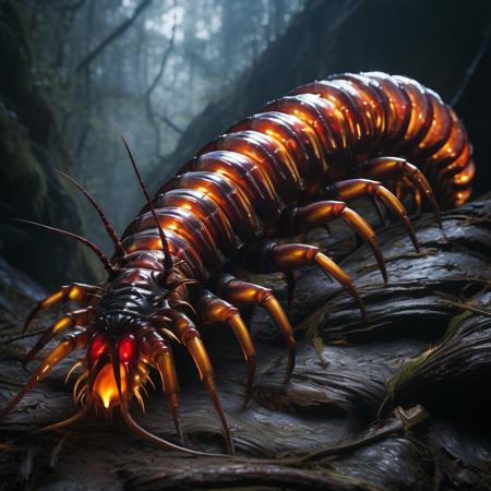 highly detailed documentary photo of giant centipede:1.3,

black body, claws, glowing, eyes, antennae, red eyes,  realistic

masterpiece, best quality:1.1, 

ultra photoreal, photorealistic:1.0, sharp focus:1.1, 
depth of field:1.1, 

50mm, style of Nathan Wirth, Hasselblad X1D II, Porta 160,
